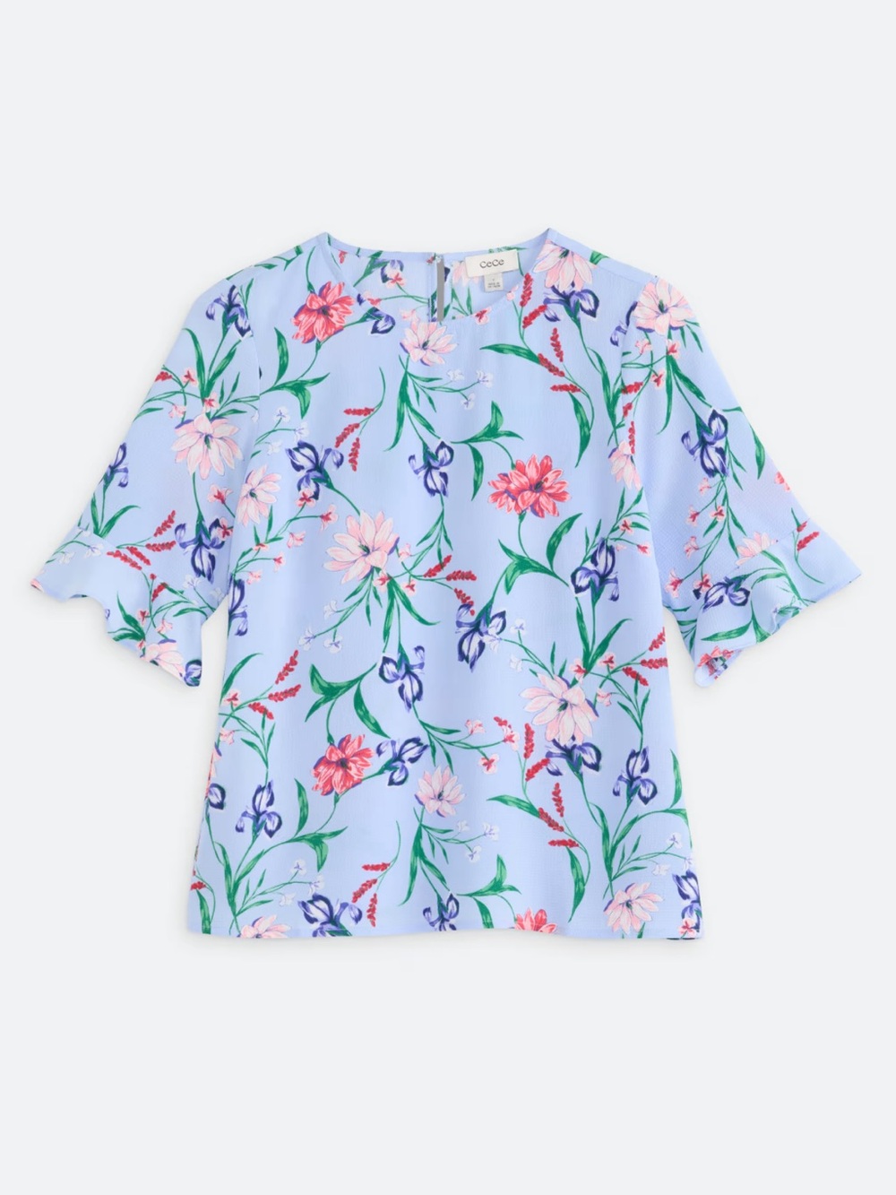 CeCe Light Blue Floral Ruffle Sleeve Top Size M Like New - Picture 1 of 5